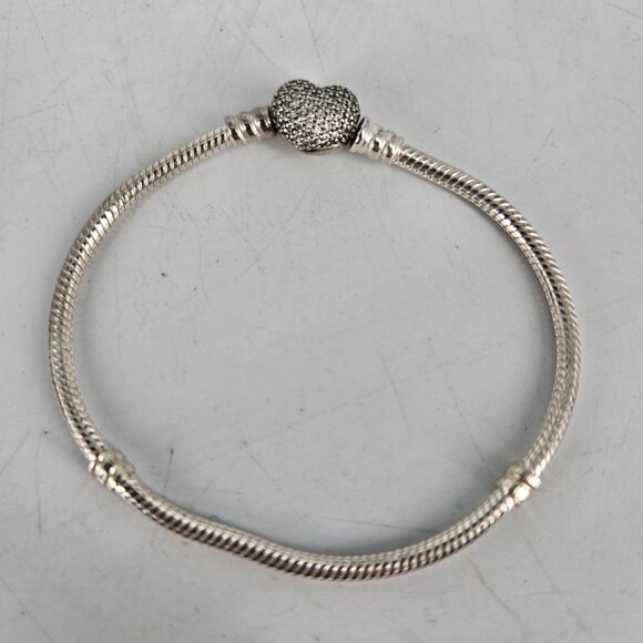Pandora Moments Snake Chain Charm Bracelet 7.5" Pave Heart Clasp Sterling Silver - Picture 2 of 8